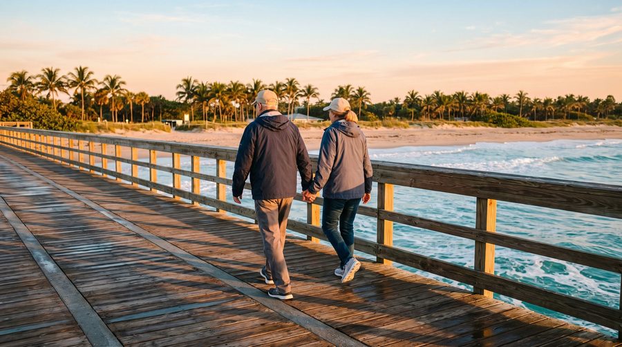 An older couple walking hand in hand along a wooden beach pier at sunrise